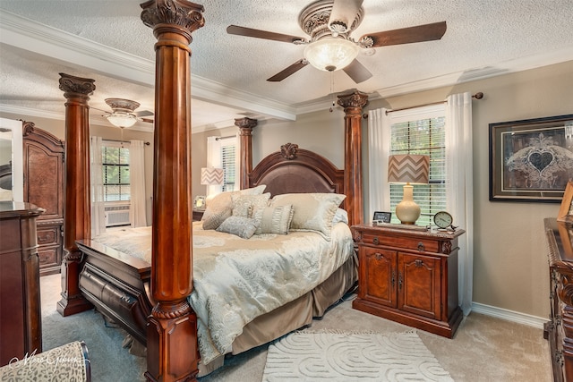 bedroom featuring a textured ceiling, multiple windows, crown molding, and ceiling fan