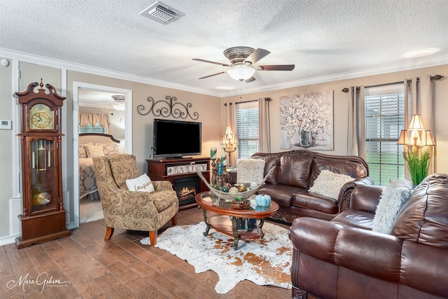 living room featuring hardwood / wood-style flooring, ceiling fan, ornamental molding, and a textured ceiling