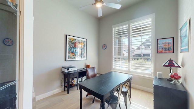 dining space featuring light hardwood / wood-style flooring and ceiling fan