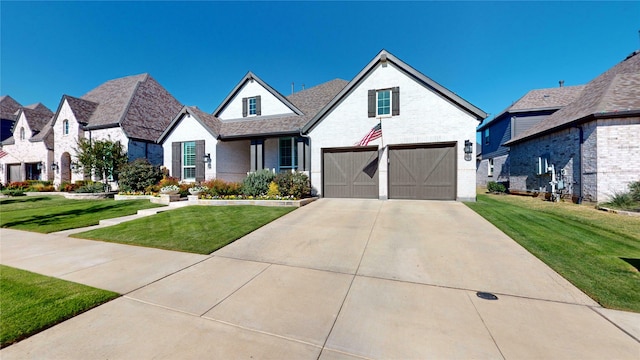 view of front of property with a garage and a front lawn