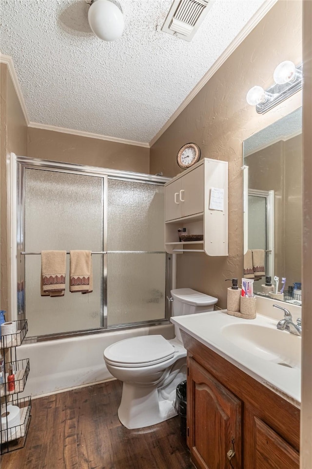 full bathroom featuring lofted ceiling, crown molding, a textured ceiling, hardwood / wood-style flooring, and enclosed tub / shower combo