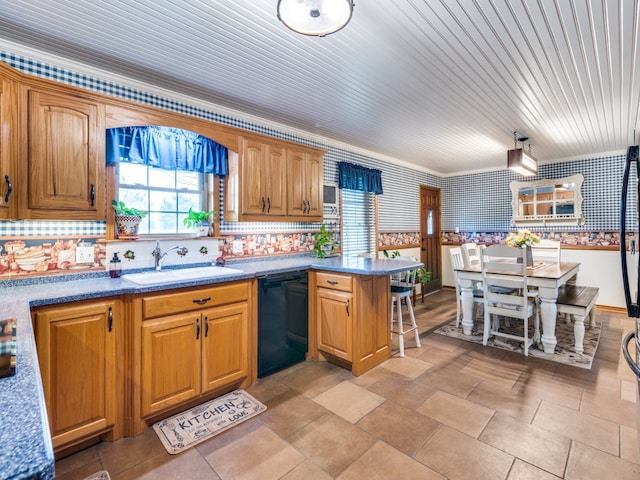 kitchen featuring sink, black dishwasher, backsplash, kitchen peninsula, and ornamental molding