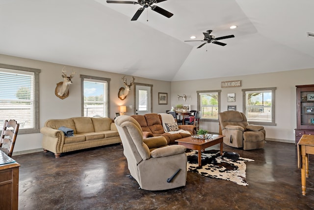 living room with ceiling fan and lofted ceiling