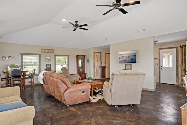 living room featuring ceiling fan and lofted ceiling