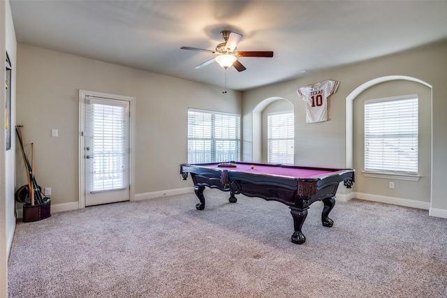 rec room featuring light carpet, plenty of natural light, and pool table