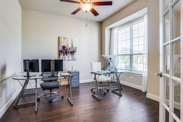 office area featuring ceiling fan and dark wood-type flooring