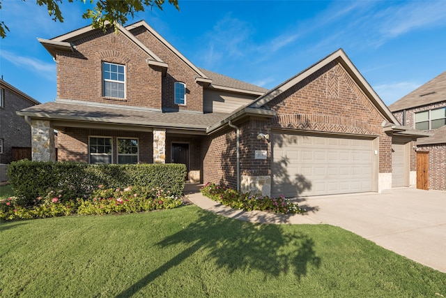 view of front of home with central air condition unit, a front yard, and a garage