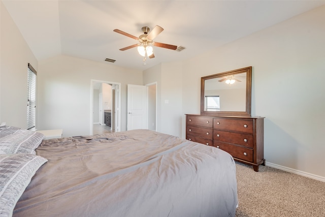 carpeted bedroom featuring ceiling fan and lofted ceiling