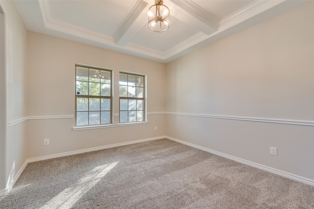 empty room with carpet flooring, beamed ceiling, an inviting chandelier, and ornamental molding