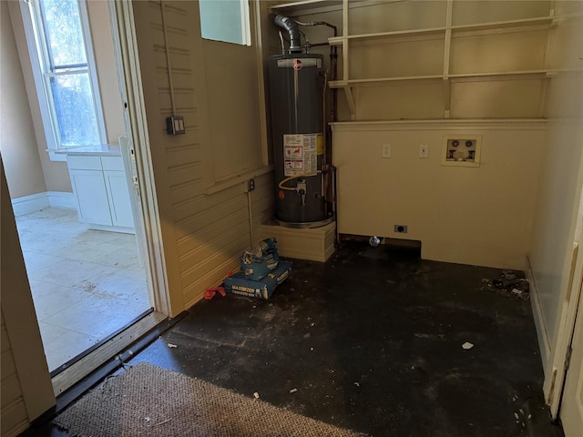 interior space featuring washer hookup, electric dryer hookup, and water heater