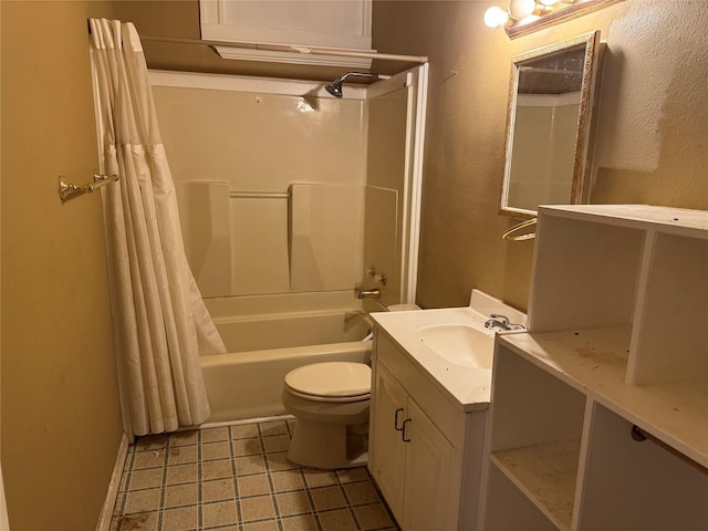 full bathroom featuring shower / tub combo, vanity, toilet, and tile patterned floors