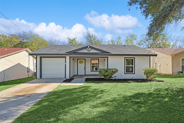 ranch-style house with a front yard, a porch, and a garage