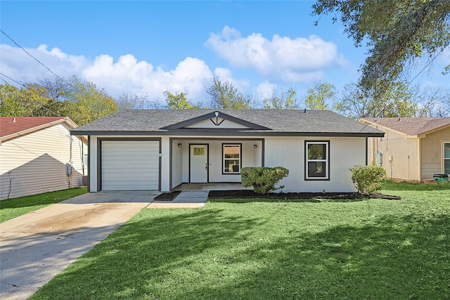 ranch-style home featuring a porch, a garage, and a front yard