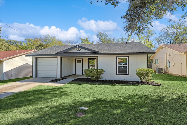 single story home featuring central AC, a front lawn, and a garage