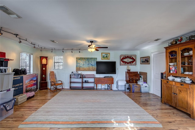 living room with ceiling fan and light hardwood / wood-style floors