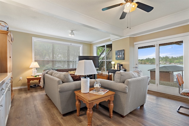 living room with ceiling fan, ornamental molding, a textured ceiling, and hardwood / wood-style flooring