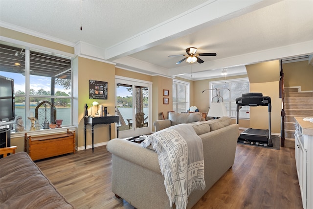 living room featuring dark hardwood / wood-style flooring, a textured ceiling, ceiling fan, crown molding, and a water view