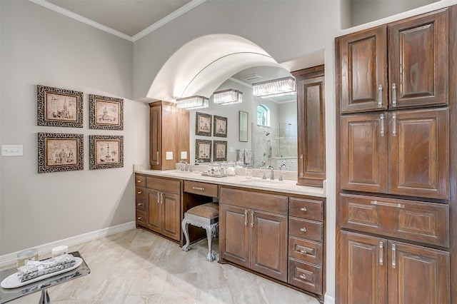 bathroom with vanity, walk in shower, and ornamental molding