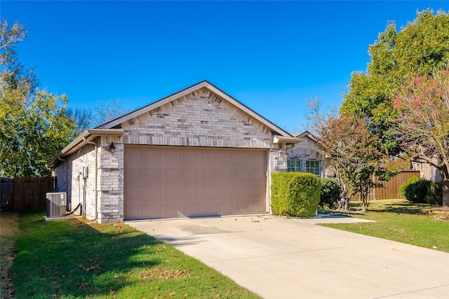 single story home featuring a front lawn and central AC unit