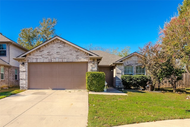 single story home with a garage and a front yard