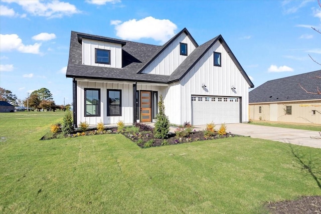 modern farmhouse style home with a garage and a front lawn