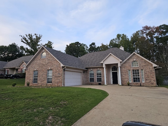 view of front facade with a front lawn and a garage