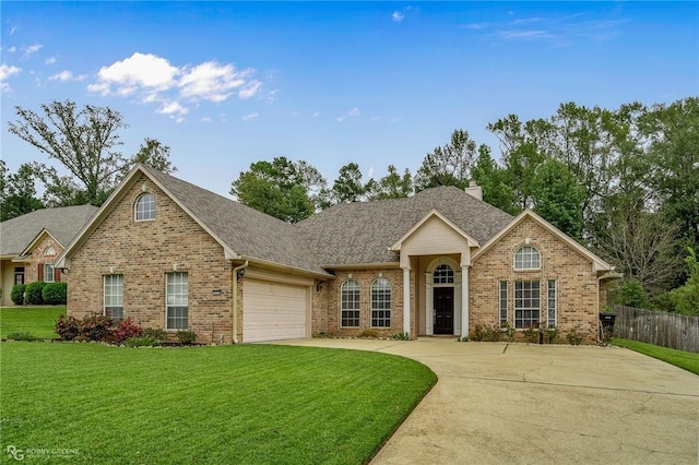 view of front of house featuring a garage, concrete driveway, brick siding, and a front yard