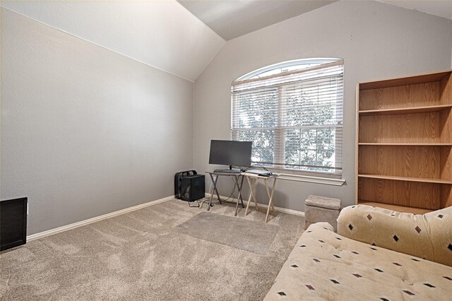 carpeted office space featuring lofted ceiling