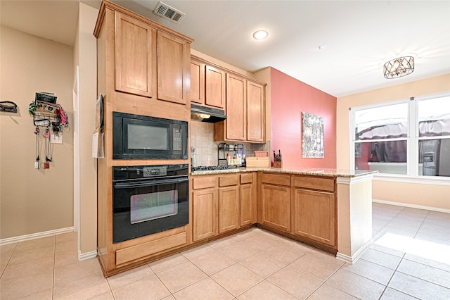 kitchen featuring kitchen peninsula, decorative backsplash, light tile patterned flooring, and black appliances