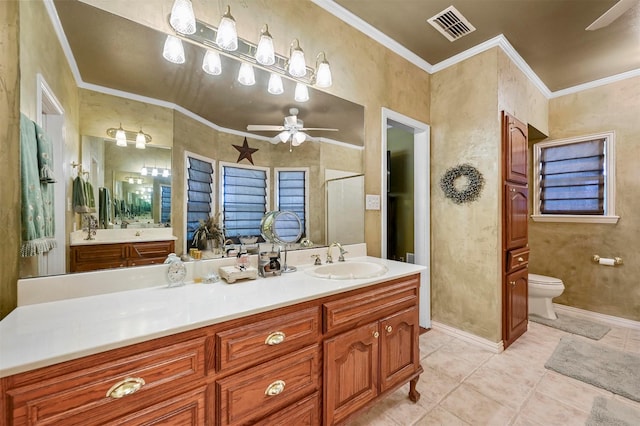 full bath featuring visible vents, ceiling fan, toilet, crown molding, and tile patterned floors