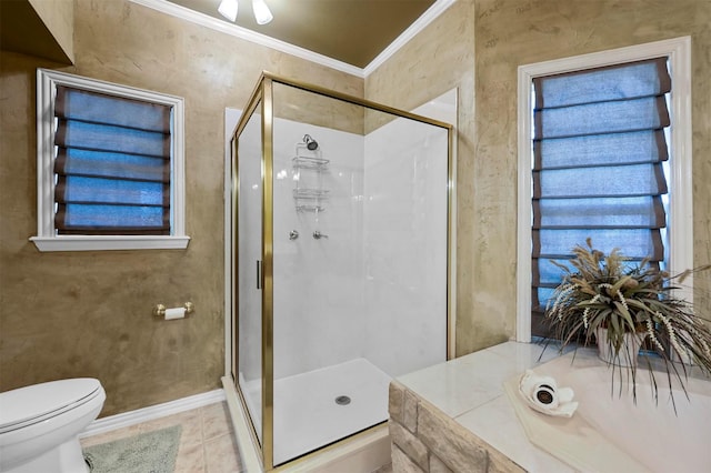 bathroom featuring toilet, a stall shower, ornamental molding, and tile patterned floors