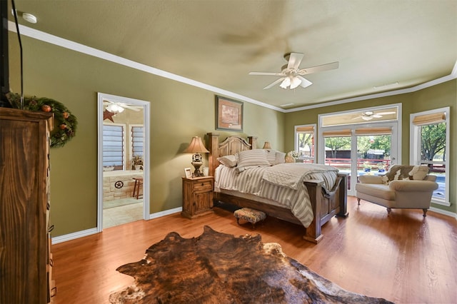 bedroom with access to outside, ceiling fan, light hardwood / wood-style flooring, and crown molding