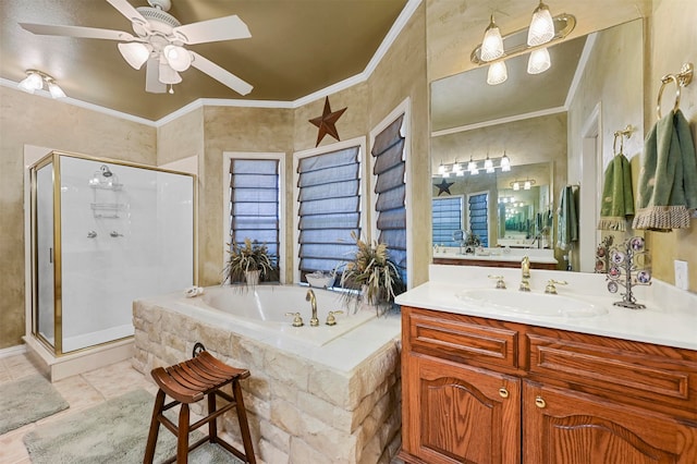 bathroom featuring tile patterned floors, ceiling fan, an enclosed shower, and vanity