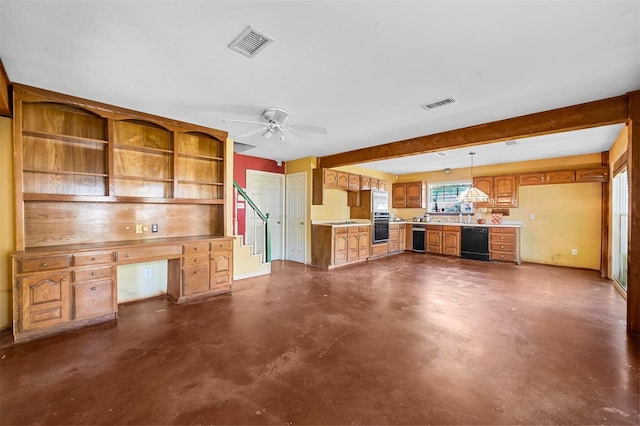 kitchen featuring pendant lighting, ceiling fan, and black dishwasher