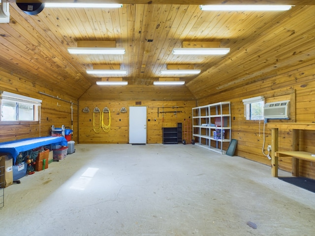 interior space featuring wood ceiling, wooden walls, and a wall mounted AC