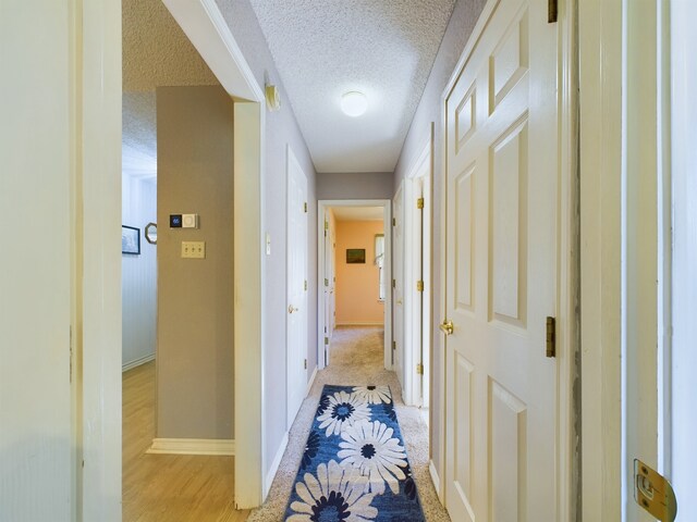 corridor featuring a textured ceiling and light hardwood / wood-style flooring