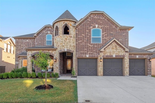 french country inspired facade featuring a garage and a front lawn