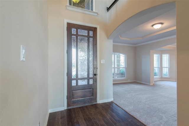 foyer with a raised ceiling, dark hardwood / wood-style floors, and ornamental molding