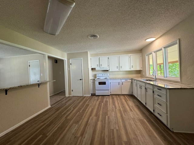 kitchen with sink, white cabinets, dark hardwood / wood-style floors, and white electric range