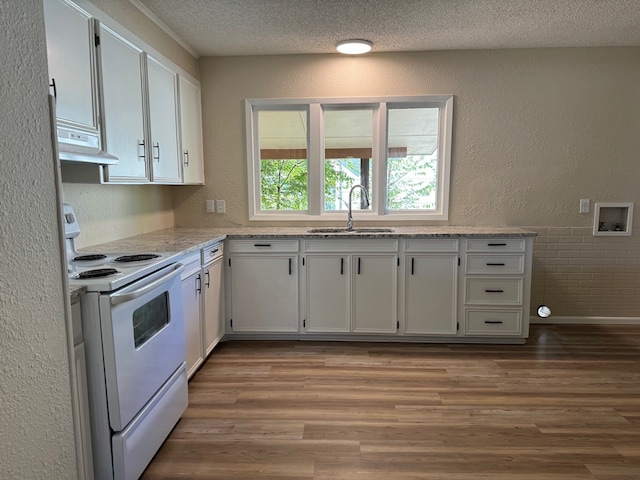 kitchen with sink, white cabinets, extractor fan, and white electric stove