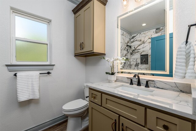 bathroom featuring hardwood / wood-style flooring, vanity, and toilet