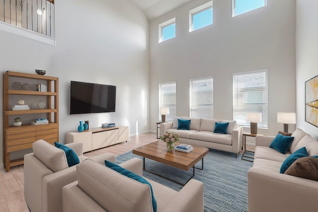 living room featuring a towering ceiling