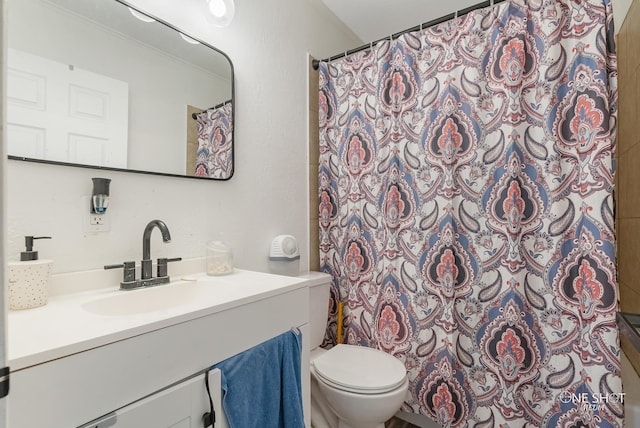 bathroom featuring vanity, toilet, and walk in shower