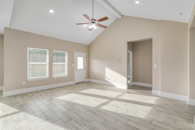 unfurnished living room featuring beam ceiling, light wood-type flooring, high vaulted ceiling, and ceiling fan