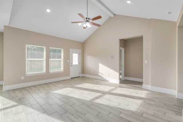 2801 Beechwood St, Granbury, TX 76048 - spare room featuring a ceiling fan, beam ceiling, baseboards, high vaulted ceiling, and recessed lighting