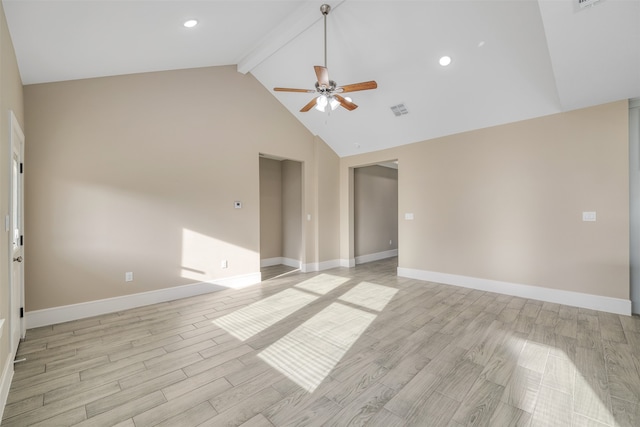 empty room featuring beamed ceiling, high vaulted ceiling, light hardwood / wood-style flooring, and ceiling fan