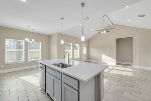 kitchen with gray cabinetry, dishwasher, a kitchen island with sink, sink, and vaulted ceiling with beams