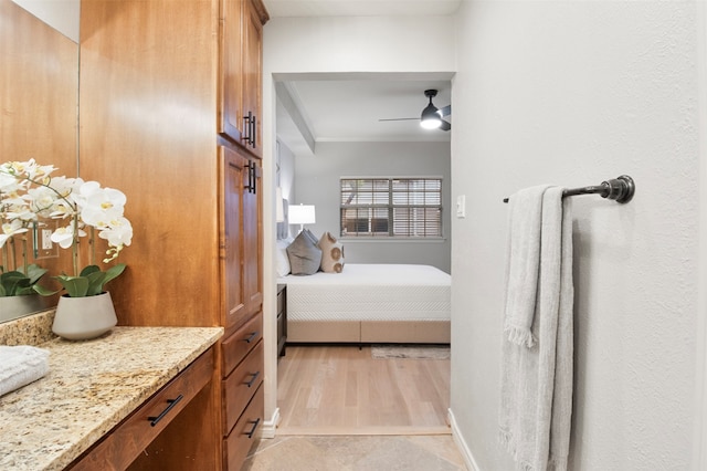 bathroom with wood-type flooring, vanity, and ceiling fan