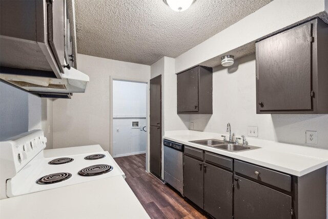 kitchen with stainless steel dishwasher, a textured ceiling, sink, white electric range, and dark hardwood / wood-style floors