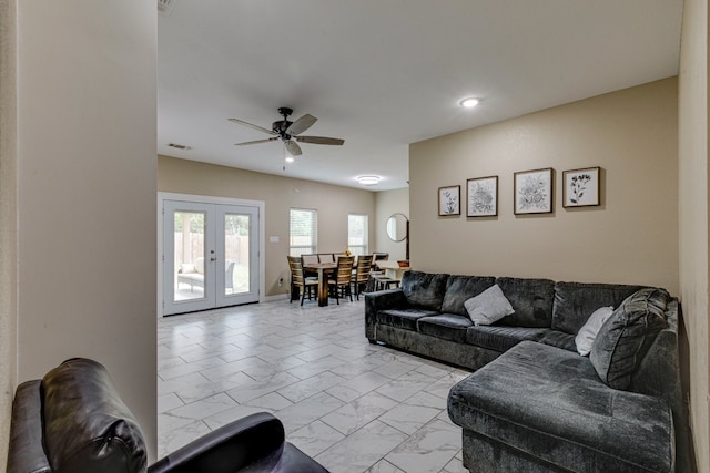 206 Willowbrook Ave, Tyler, TX 75702 - living room featuring light marble finish floors, french doors, ceiling fan, and recessed lighting